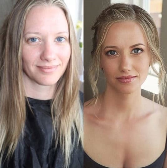 Før og efter makeup og hårstyling